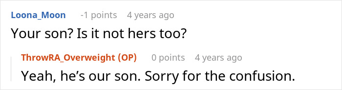 Online forum conversation showing a husband struggling to accept his wife&rsquo;s weight gain, discussing their son&rsquo;s parentage.