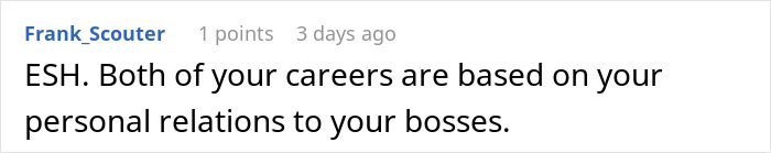 Screenshot of an online comment discussing personal relations affecting careers amid a family dispute scenario.