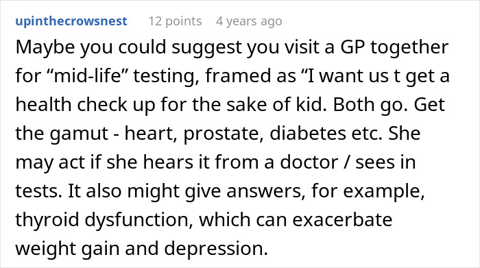Comment suggesting a couple visit a GP together for health tests to address weight gain and related concerns.