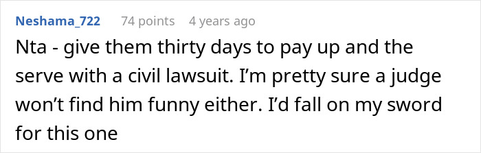 Screenshot of a Reddit comment discussing a groom pranking his brother-in-law’s girlfriend and refusing to pay for his actions.