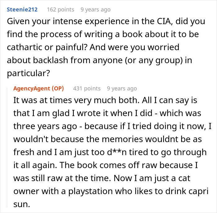 Reddit AMA dialogue showing a former CIA case officer discussing writing a memoir and its emotional challenges.