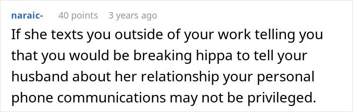 Screenshot of an online comment discussing HIPAA and the stress of a nurse finding mother-in-law on a secret date.