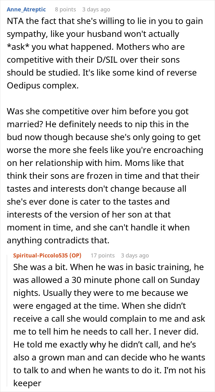 Reddit conversation showing a woman pushing back when mother-in-law claims to know husband better over pasta preferences.