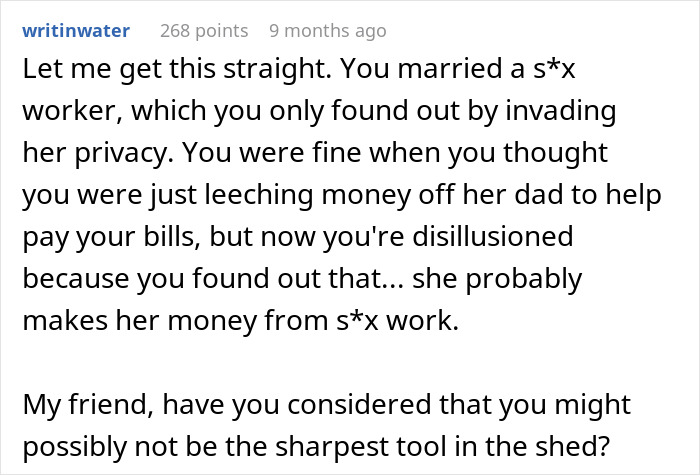 Screenshot of a Reddit comment discussing a wife who fakes transaction to hide income source and related relationship issues.