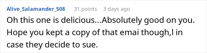 Screenshot of a Reddit comment praising a story where a pushy colleague faces karma after testing the office coordinator's limits.