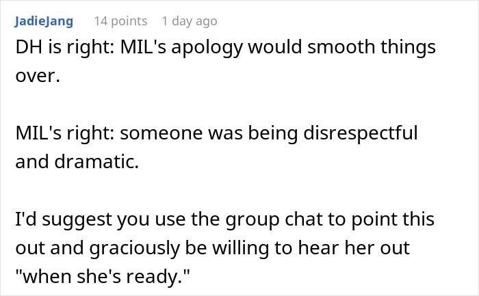 Screenshot of a Reddit comment discussing a mother-in-law shaming situation and advice on resolving family conflict.