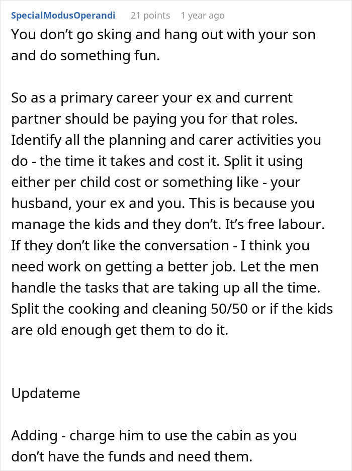 Comment discussing financial responsibility and childcare roles after partner making five times the salary leaves son without a ski pass