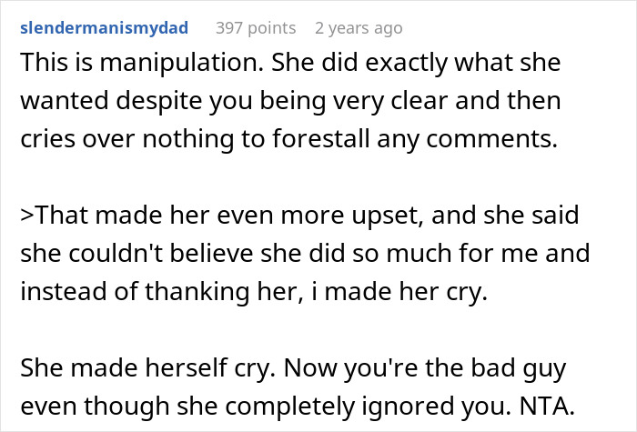 Screenshot of a comment discussing a lady throwing a big party for her husband's birthday despite his wishes and her emotional reaction.