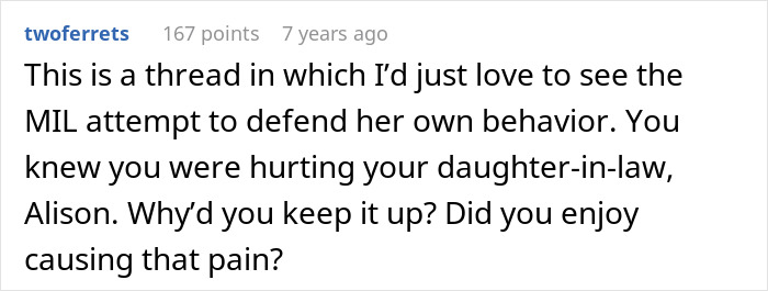 Comment text on a white background discussing a mother-in-law hurting her daughter-in-law, related to sassy teen putting grandma in her place.