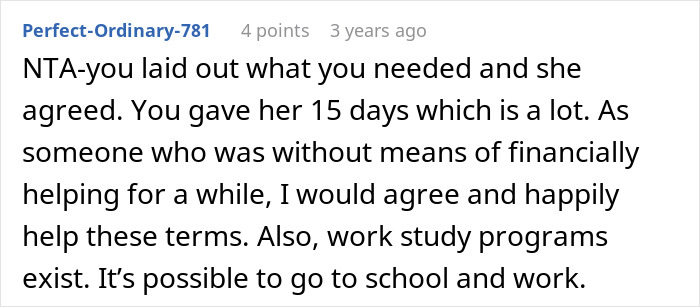 Screenshot of an online comment discussing a woman refusing to house her sister after she declines babysitting and cleaning duties.