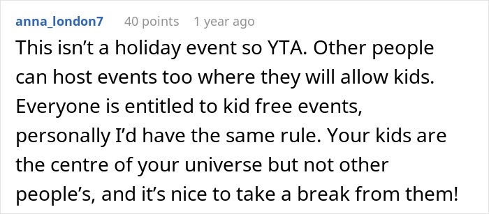 Comment discussing a woman&rsquo;s rule of no kids allowed in her home and the family&rsquo;s mixed reactions to this decision.