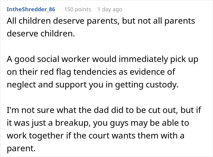 Comment discussing neglectful mom, red flag tendencies, and social worker support in custody cases related to golden child family issues.