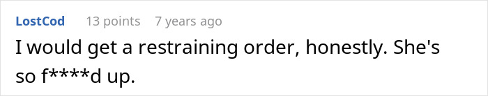 Screenshot of an online comment about a restraining order in a discussion related to MIL catfishing to prove cheating.