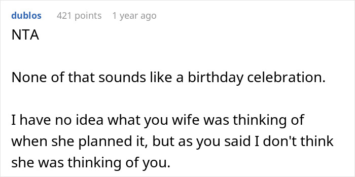 Comment discussing husband&rsquo;s 36th birthday plans involving toddlers, a tiny cabin, and a 5K run.