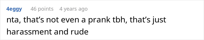 Screenshot of a Reddit comment calling a groom’s prank on his brother-in-law’s girlfriend harassment and rude behavior.