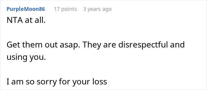 Text message conversation discussing a woman kicking late husband's brother and his kids out for using his clothes and stuff.