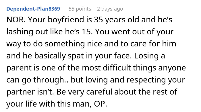 Reddit comment criticizing a boyfriend for berating his grieving girlfriend who brought leftovers as support.