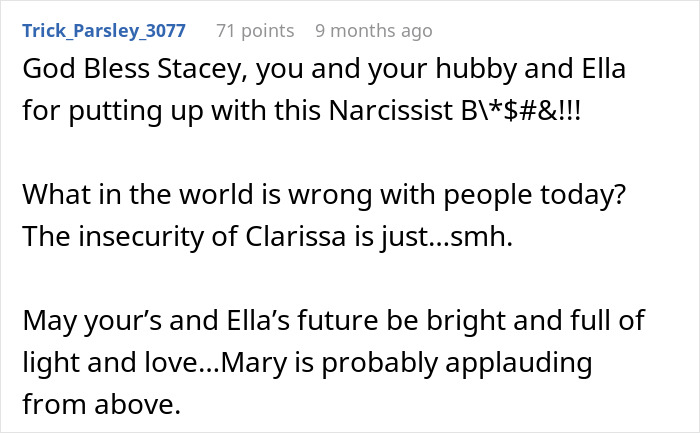 Comment praising Stacey and Ella for dealing with a narcissist, mentioning insecurity and hope for their future.