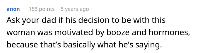 Comment discussing a daughter refusing to support her dad and his mistress as wedding best woman.