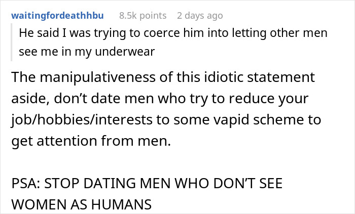 Text post discussing manipulativeness in relationships with actress girlfriend changing in front of other men.