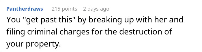 Comment suggesting filing criminal charges after guy comes home to smashed laptop by controlling girlfriend ending his fiction mania.