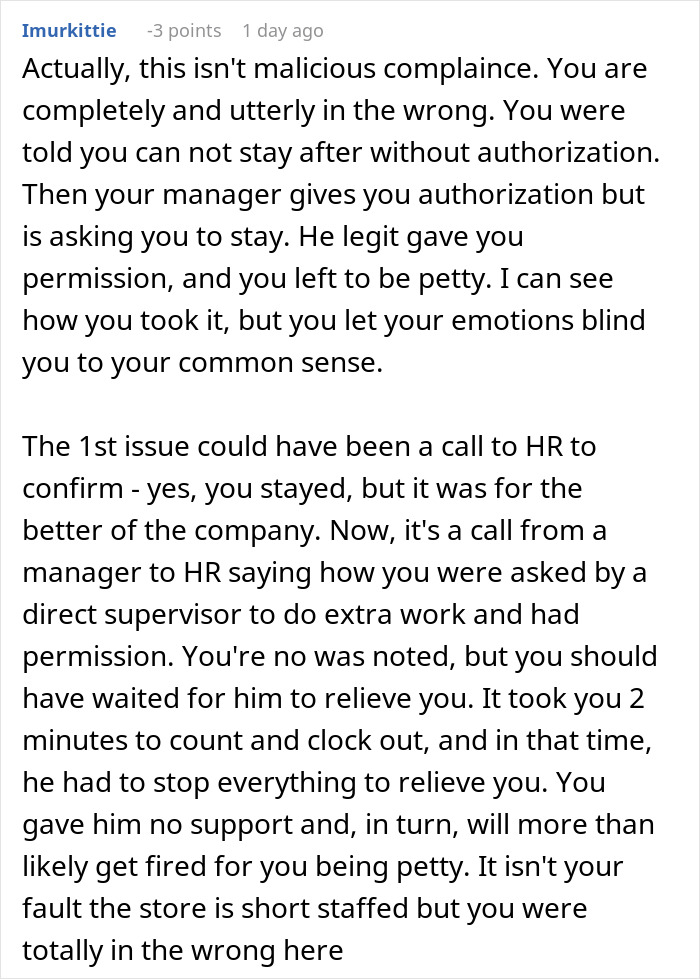 Comment explaining a cashier complying with overtime rules during a crisis and the manager reacting negatively.