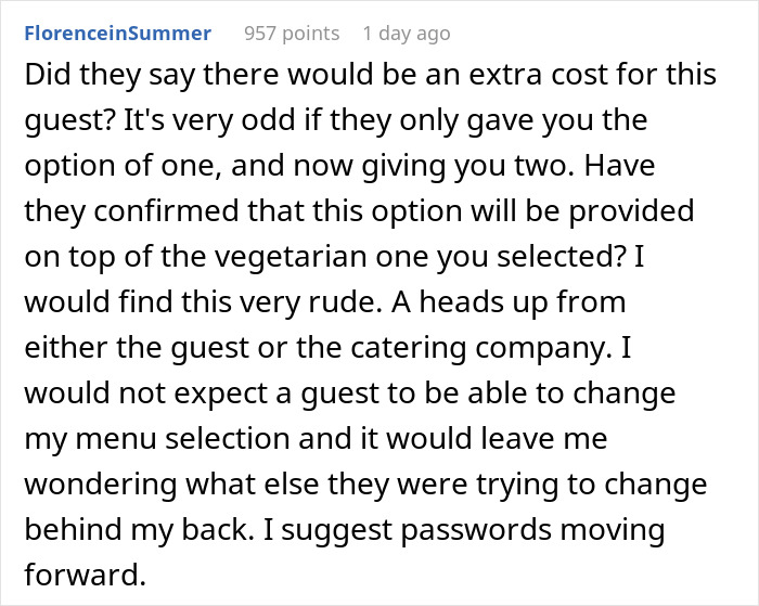 Comment discussing a woman who secretly contacts caterers, refusing a vegetarian meal at a friend’s wedding. Comment discussing a woman who secretly contacts caterers, refusing a vegetarian meal at a friend’s wedding.