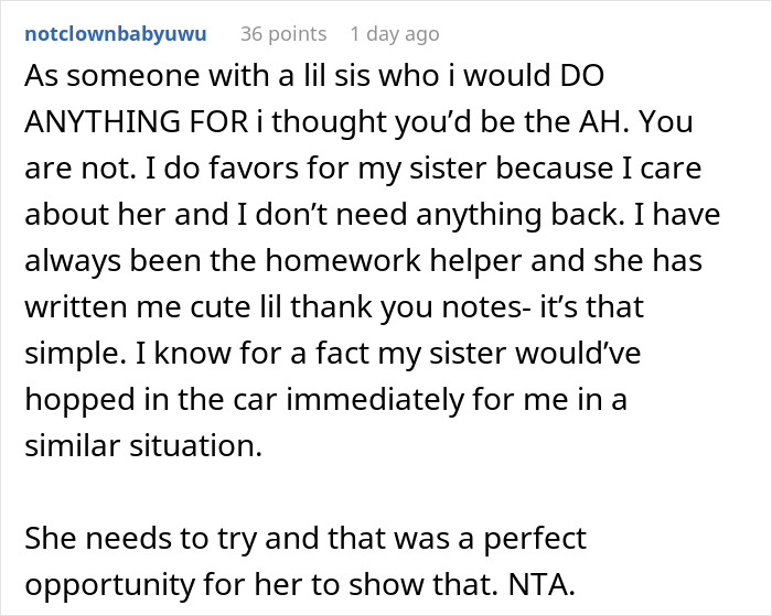 Comment discussing a woman who keeps asking for favors from family but doesn't reciprocate when they need help.