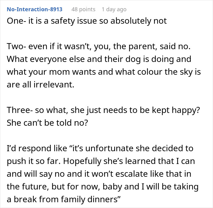 Screenshot of a text conversation discussing a rude mother causing a family dinner dispute and someone deciding to take a break.