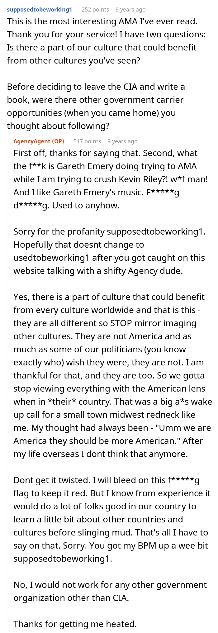 Reddit AMA text exchange featuring a former CIA case officer answering culture and government career questions.