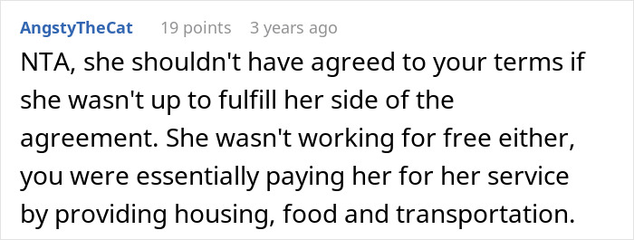 Reddit comment explaining a woman refusing to house her sister after she won&rsquo;t babysit or clean, highlighting child-free reasons.