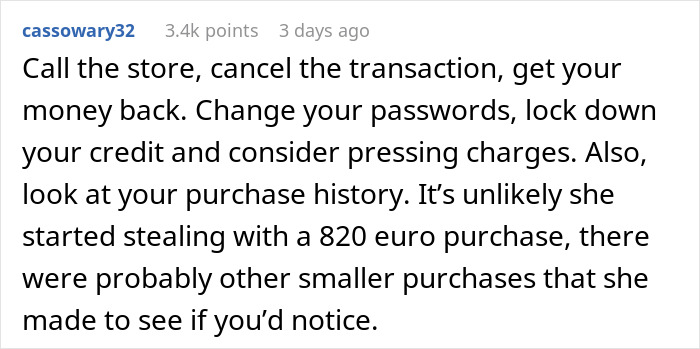 Comment text discussing advice on handling unauthorized purchases, related to girlfriend phone bag relationship trust issues.
