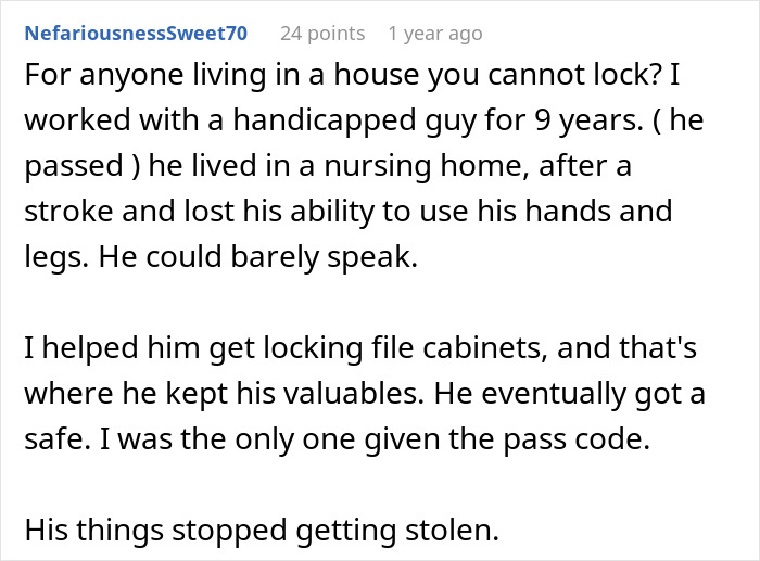 Screenshot of a user comment describing helping a handicapped person secure valuables to escape a horrible family situation.