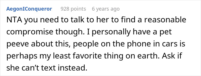 Commenter AegonIConqueror shares a pet peeve about phone use in cars, suggesting a compromise to mute music.