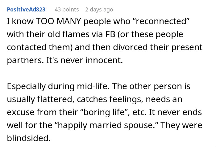 Text post discussing how married men reconnecting with old flames often leads to divorce and heartbreak for spouses.