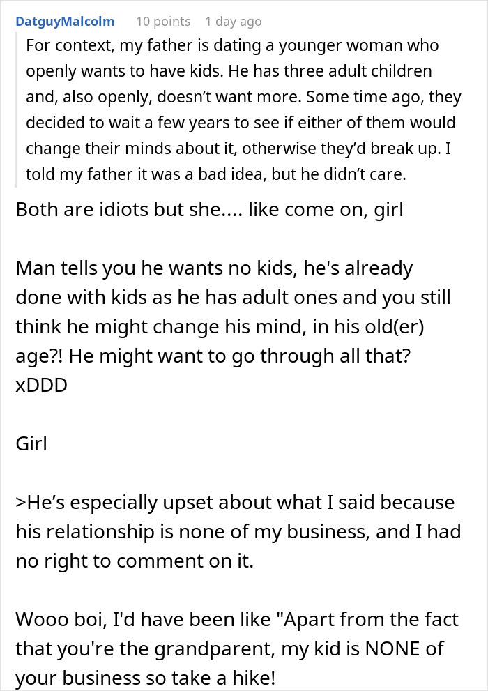 Screenshot of a Reddit post discussing dad's girlfriend's baby fever and the daughter's reaction to pregnancy talks.