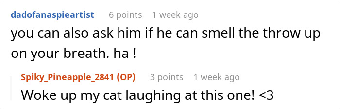 Screenshot of a humorous online conversation about a man messing with his boss over comments on low weight.