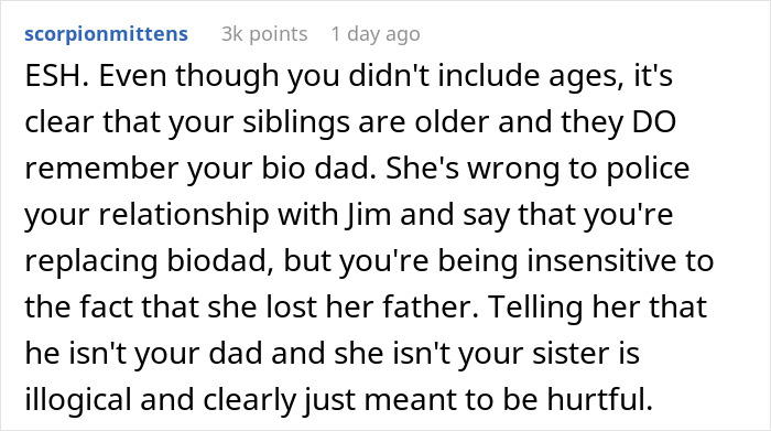 Screenshot of an online discussion about a teen calling stepdad dad and a sister's reaction suggesting therapy instead of screaming. Screenshot of an online discussion about a teen calling stepdad dad and a sister's reaction suggesting therapy instead of screaming.
