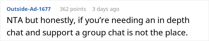 Text comment on a discussion forum stating needing an in depth chat and support, suggesting group chat is not the place.