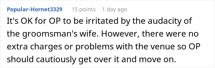 Comment from Popular-Hornet3329 discussing irritation with the groomsman's wife at a wedding and advising to move on. Comment from Popular-Hornet3329 discussing irritation with the groomsman's wife at a wedding and advising to move on.