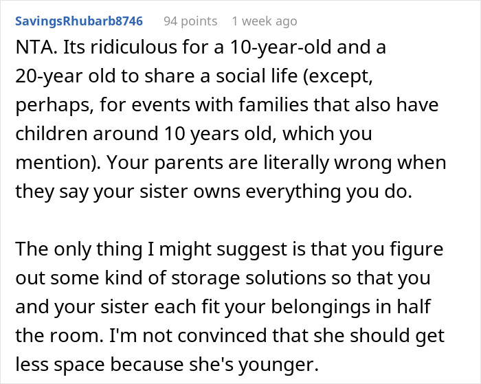 Reddit comment discussing sister family parenting drama about shared social life and storage space solutions.