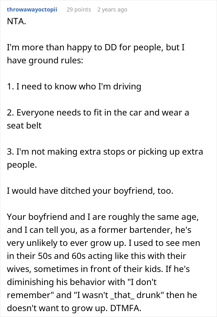 Screenshot of a Reddit comment discussing a drunk boyfriend's immature behavior and refusal to grow up.