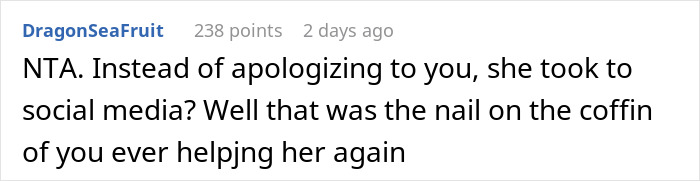 Reddit comment about sister refusing wedding plan and getting demoted to guest, expressing frustration over social media conflict.