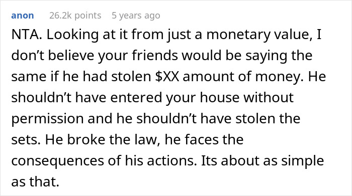Screenshot of a discussion about a cheating ex-wife's boyfriend stealing expensive Lego sets and facing legal consequences.