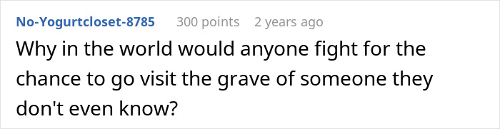 Comment about family visits to a late wife’s grave and conflict when kids’ spouses want to join the private tradition. Comment about family visits to a late wife’s grave and conflict when kids’ spouses want to join the private tradition.
