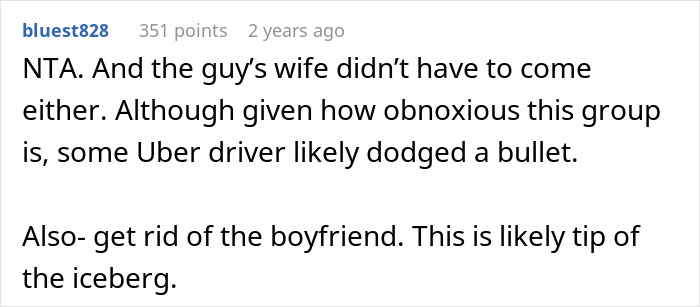 Comment discussing a woman telling her drunk boyfriend to stop acting like a jerk and his refusal to do so.
