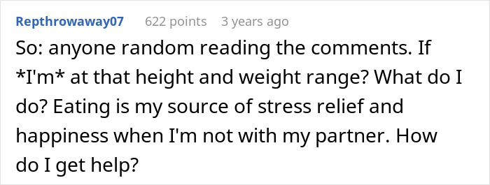 Comment from user asking for help dealing with stress eating and partner&rsquo;s reaction to weight gain.