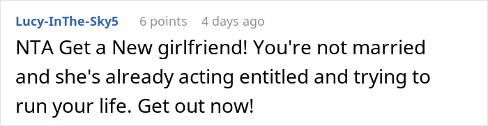 Screenshot of an online comment where a woman volunteers boyfriend for free labor and he refuses, causing tension.