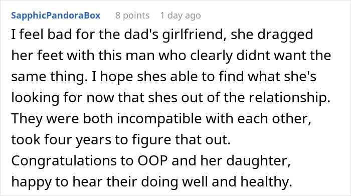Comment discussing dad's girlfriend's baby fever and the daughter's reaction after pregnancy excitement goes overboard.