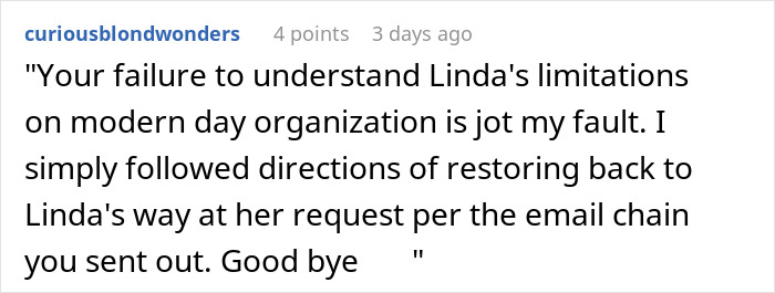 Screenshot of a Reddit comment where a pushy colleague tests an office coordinator's limits by following instructions exactly.
